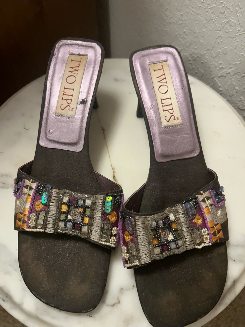 Two Lips Brown Beaded Embellished Slide Mules. 10